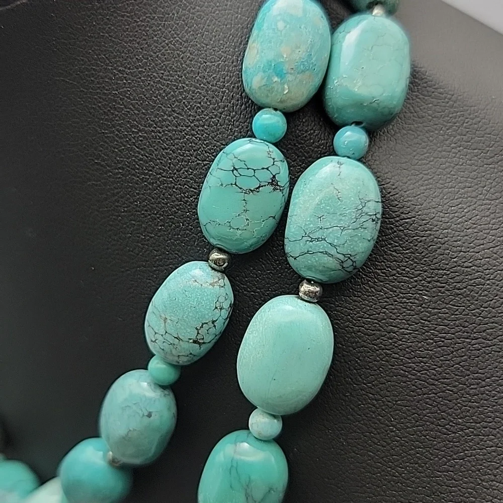 Genuine Turquoise 925 Sterling Silver Hematite Beaded Necklace 11x14mm Beads